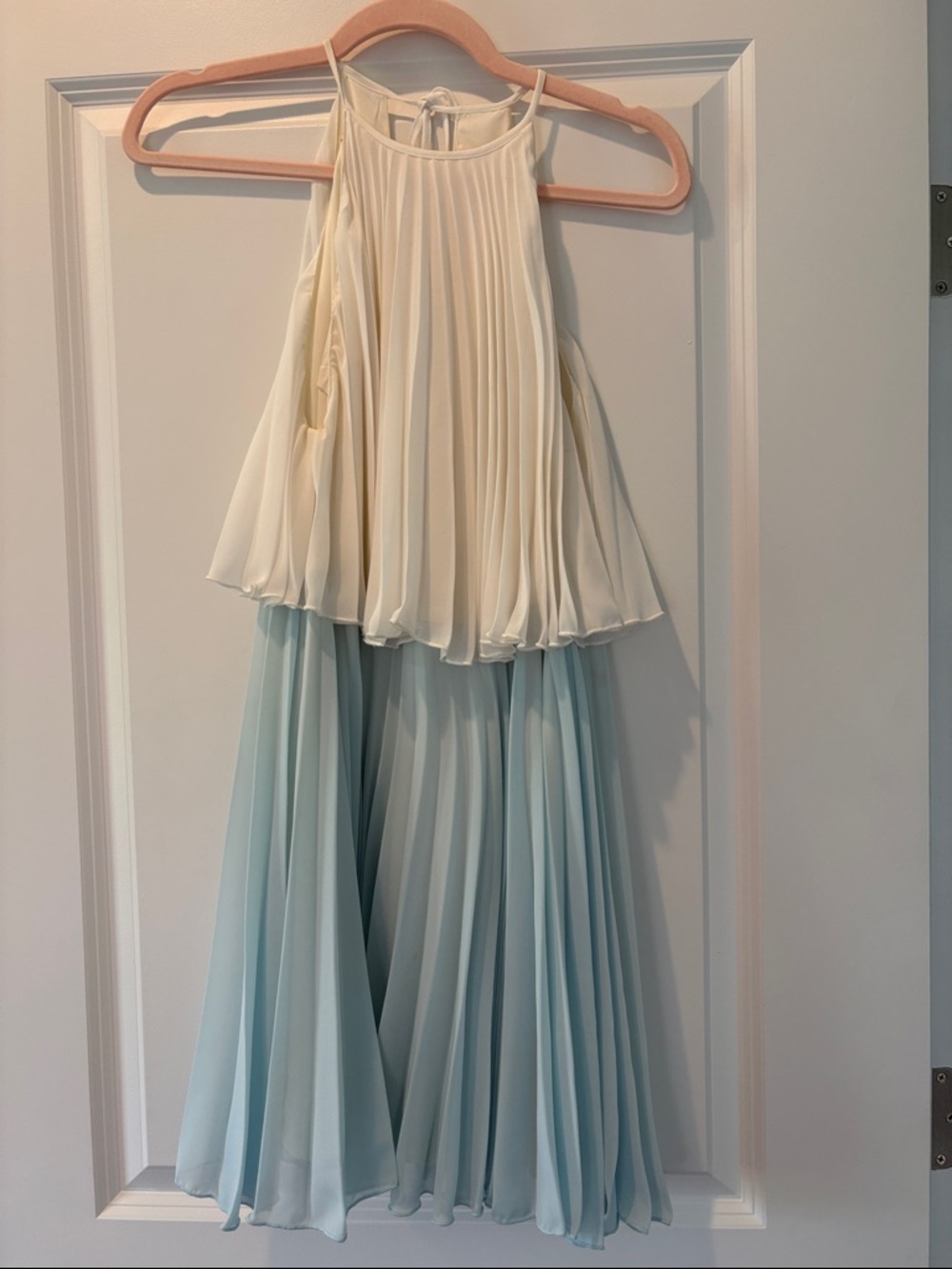 ASOS Two-Tone Pleated Midi Dress in Cream and Light Blue